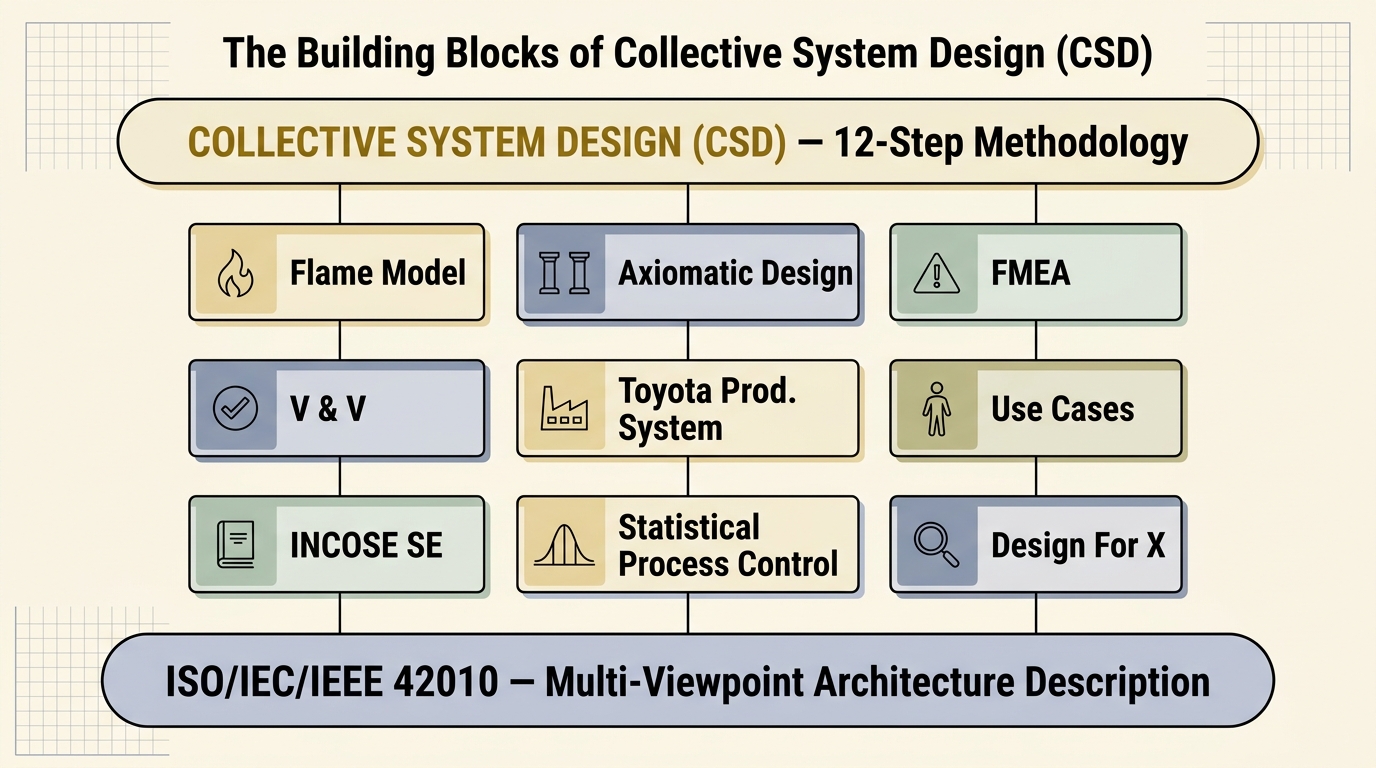Building Blocks of CSD — layered diagram with 42010 foundation, 9 viewpoints (Flame Model, Axiomatic Design, FMEA, V&V, Toyota Production System, Use Cases, INCOSE SE, Statistical Process Control, Design For X), and CSD 12-Step Methodology at top